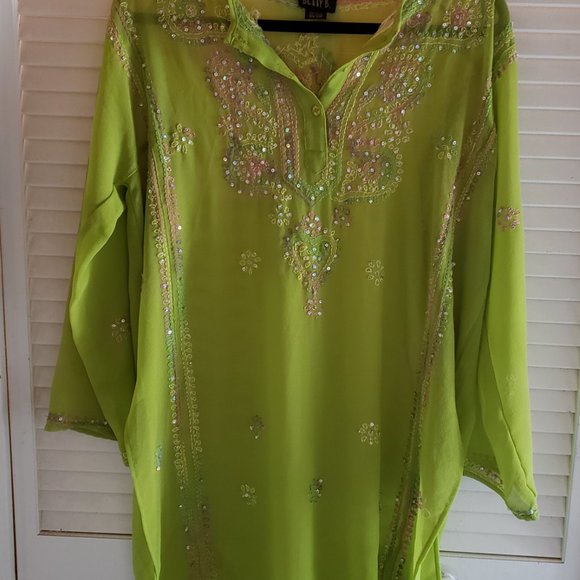 Betty B Lime Green Sheer Embroidered Tunic One Size - Picture 2 of 8